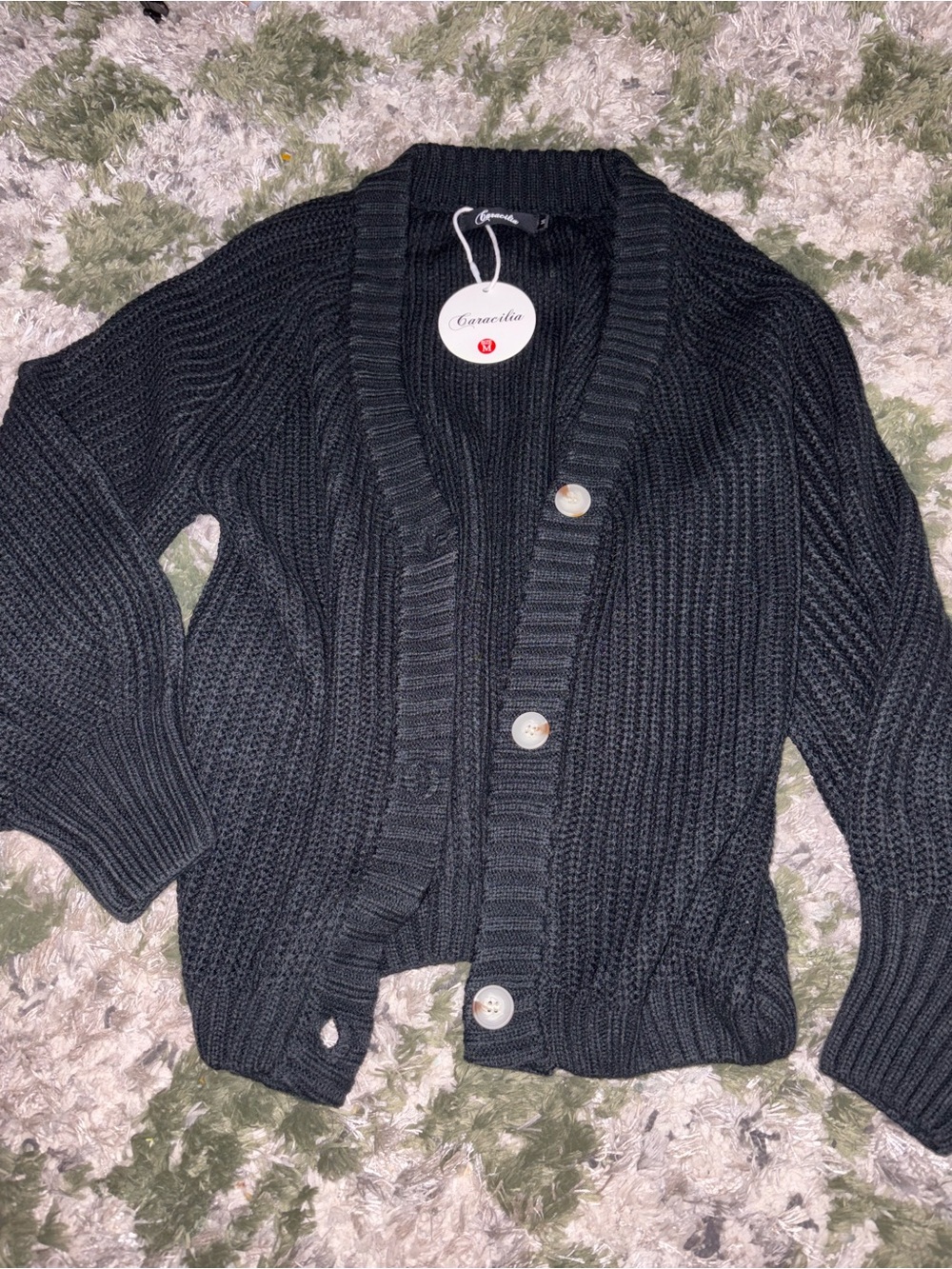 Black Ribbed Knit Button-Front Women's Sweater